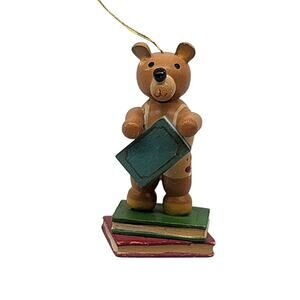 Vintage Book Reading Wood Teddy Bear Christmas Ornament School Teacher Gift